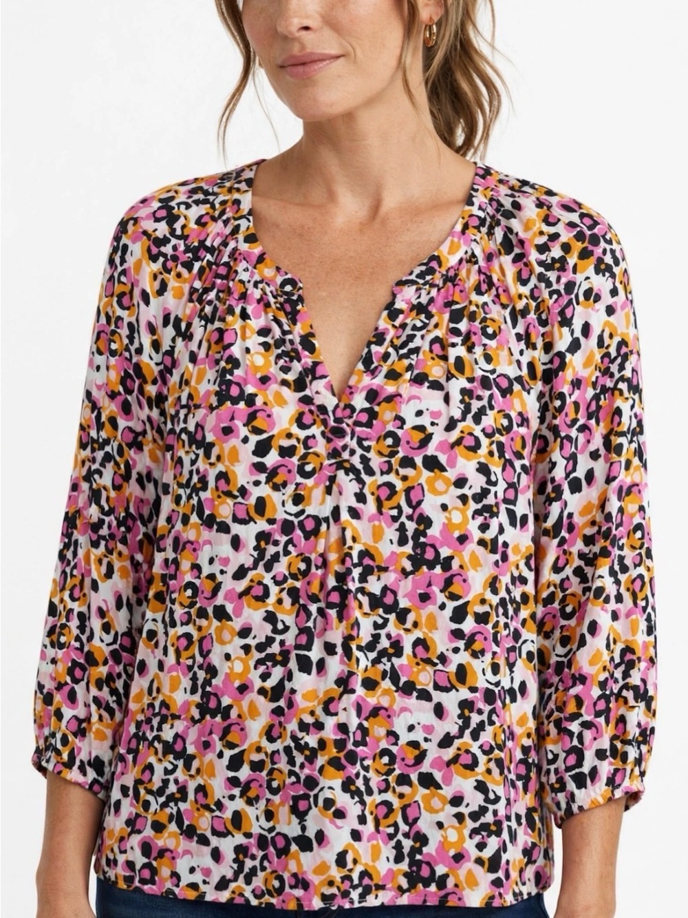 🩷Crown & Ivy Multicolor Leopard Animal Print Split Neck Peasant Blouse XXL EUC